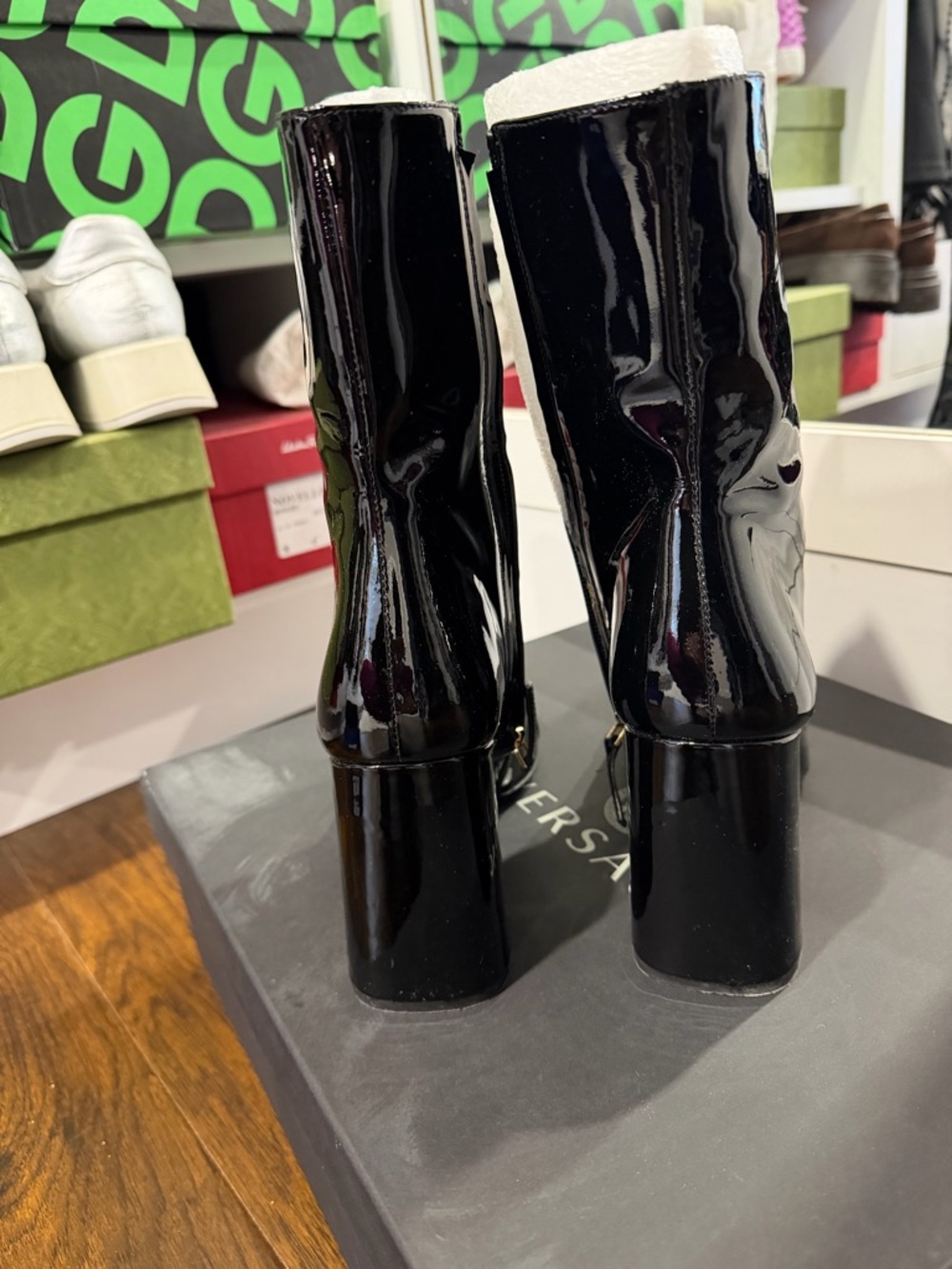 Versace Black Patent Leather Knee Boots with Gold Medusa Buckle - Picture 3 of 5